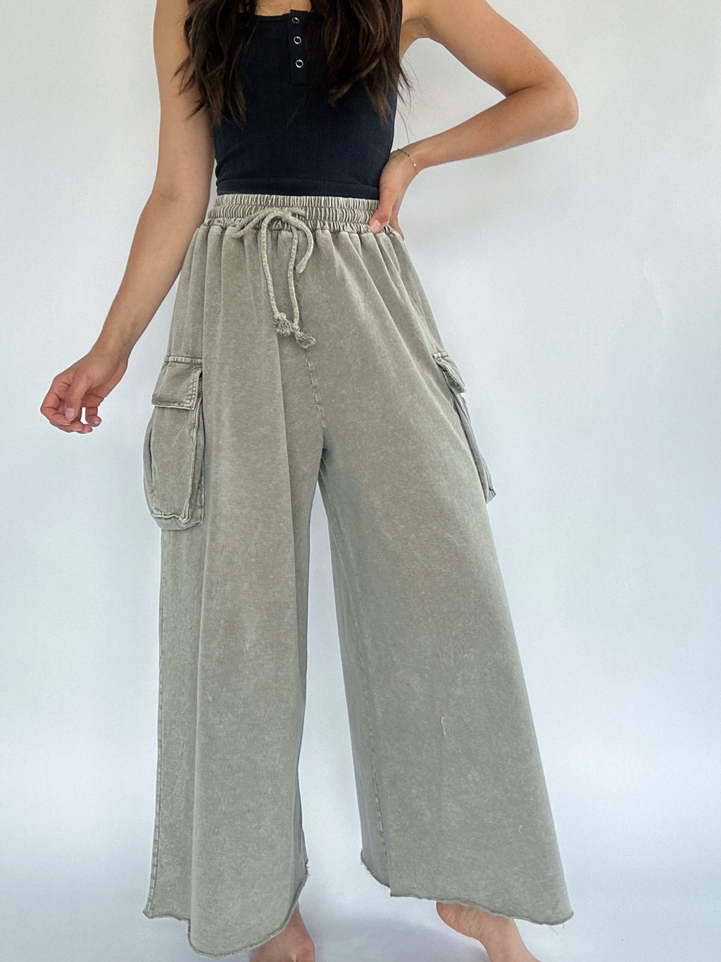 Keep Driving Wide Leg Pants - Olive Grey