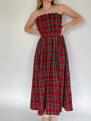 Etta Strapless Plaid Midi Dress - Red