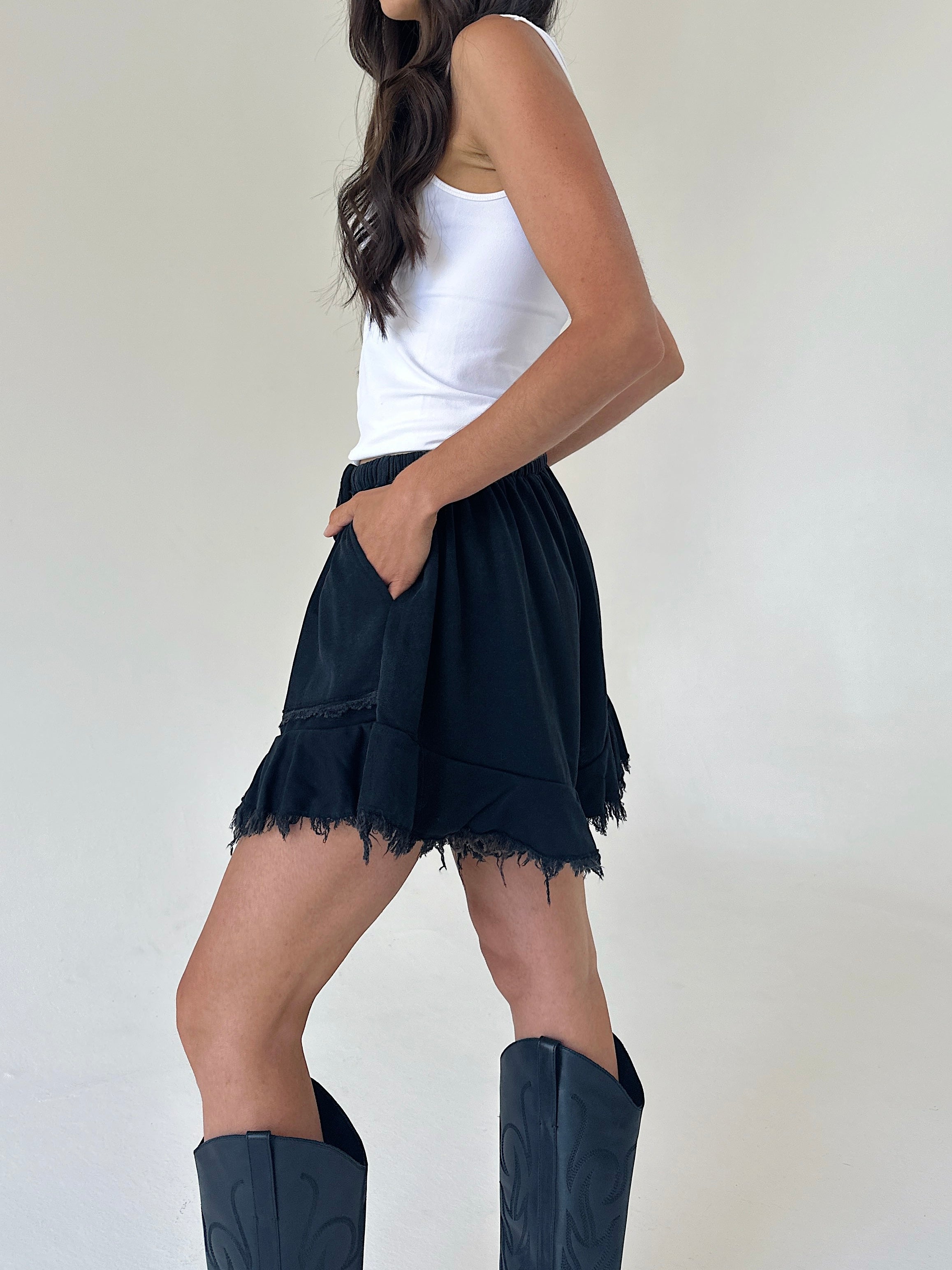 A woman wearing a black frayed terry shorts with a white tank top and dark cowboy boots, shown from a side-back angle against a plain off-white background.