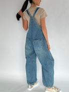Person wearing blue denim overalls on a plain background from back