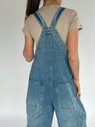 Person wearing blue denim overalls on a plain background back view