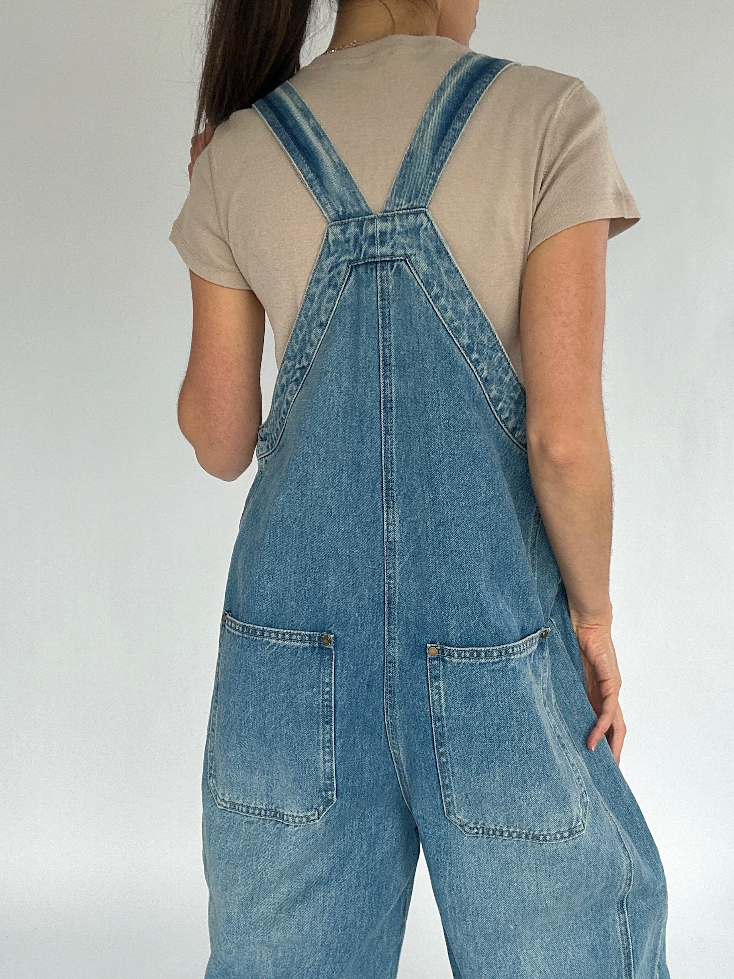 Person wearing blue denim overalls on a plain background back view