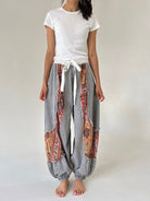 charoal jogger pants with boho floral panel