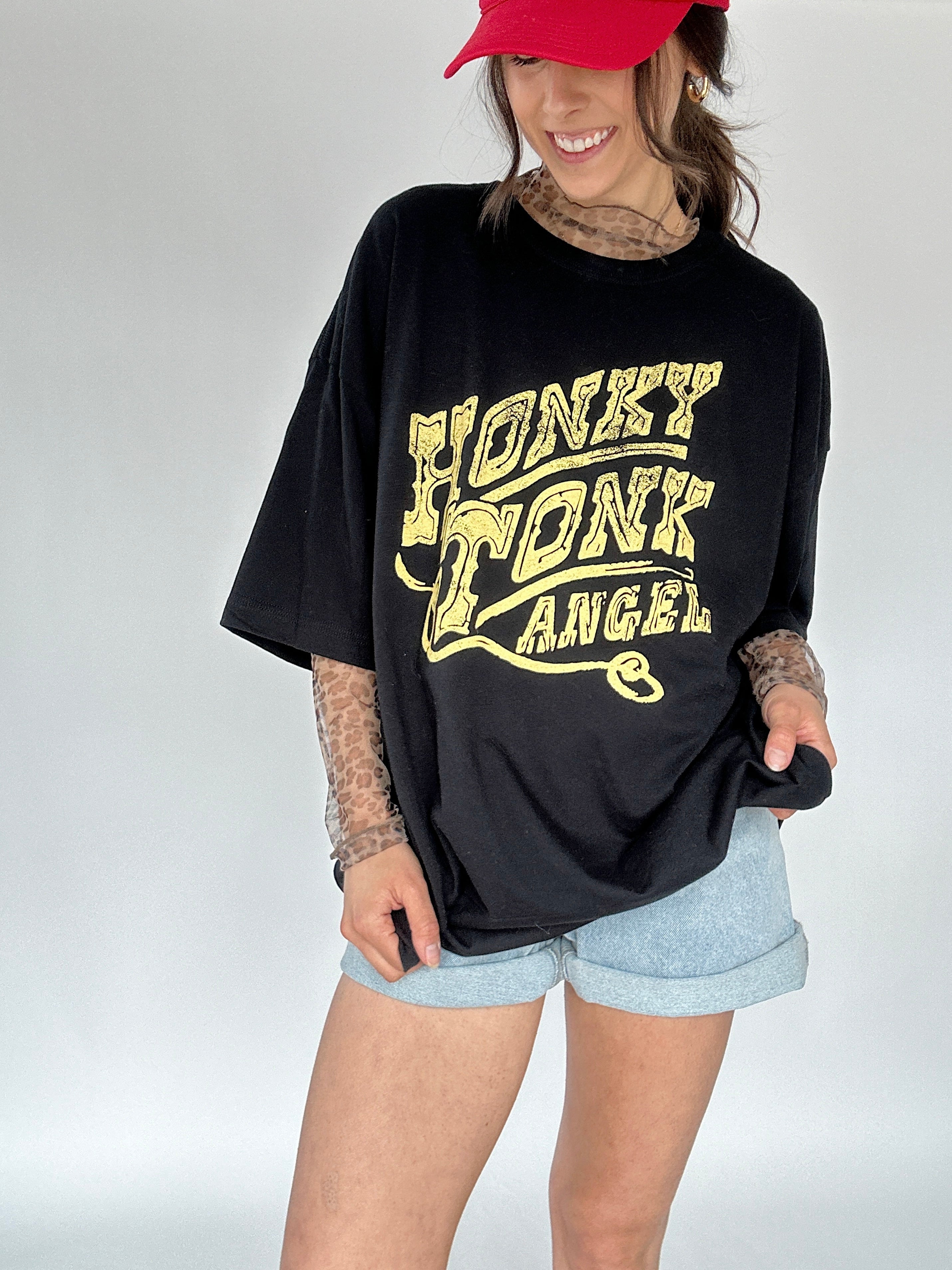 Leopard Mesh Long Sleeve Top Under Honky Tonk Angel Tee