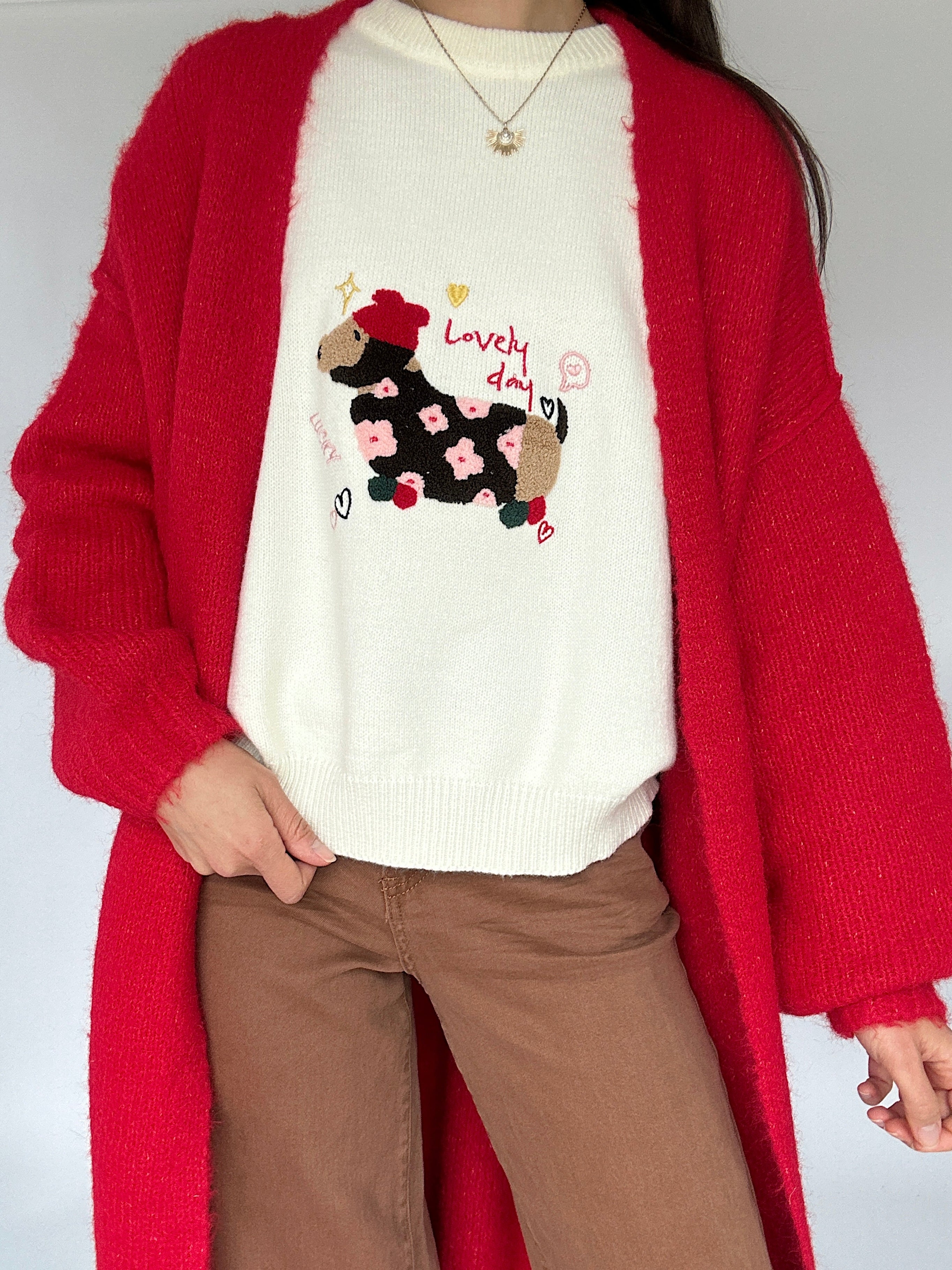 Person wearing a red cardigan, cream sweater with a dog embroidered design, and brown pants on a plain background