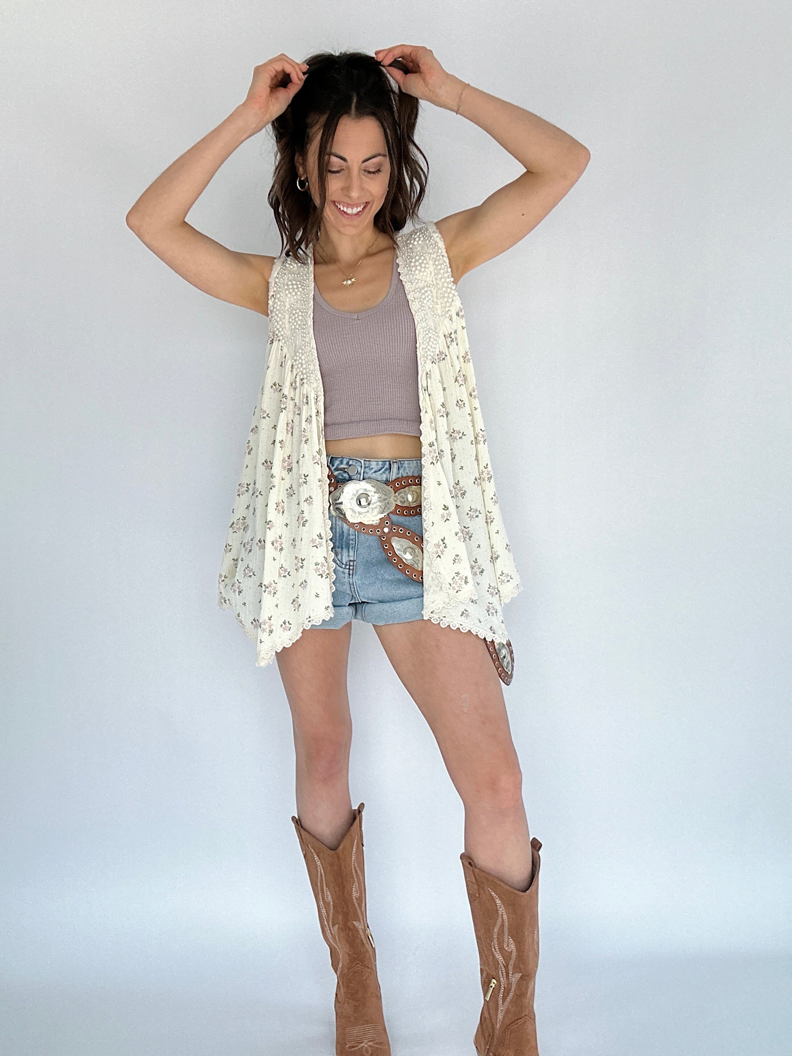 Megan Pearl Floral Vest Top Outfit