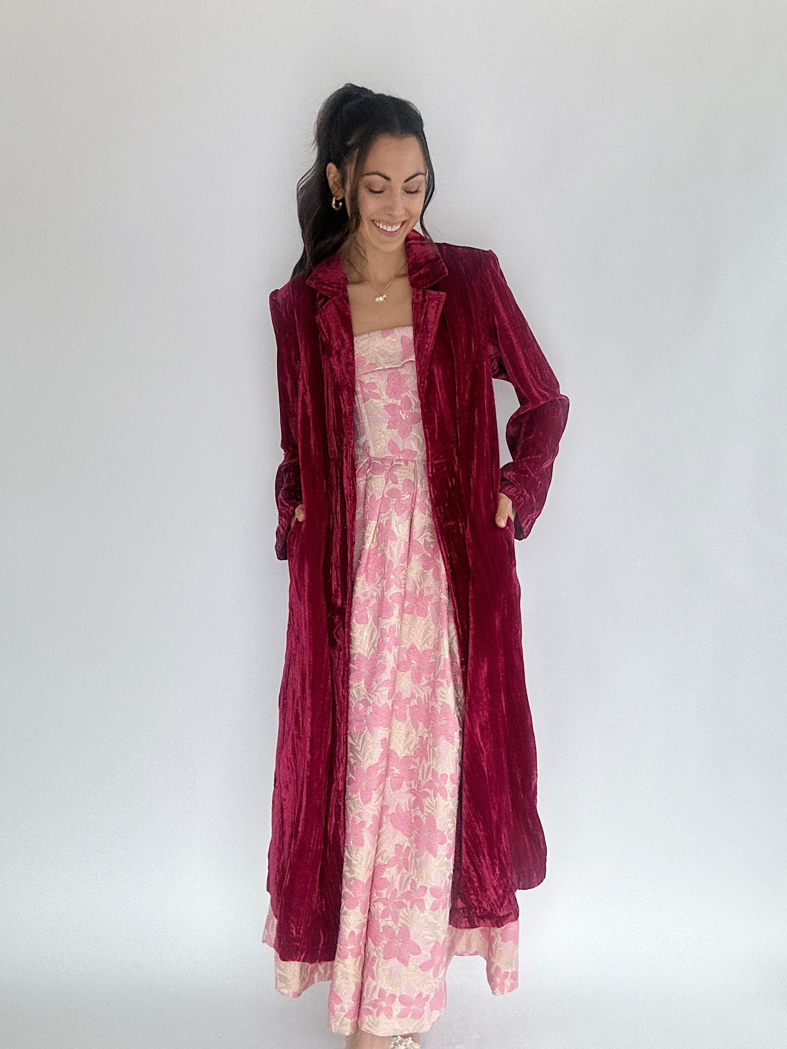 Miss Audrey Floral Midi Dress With Long Velvet Coat