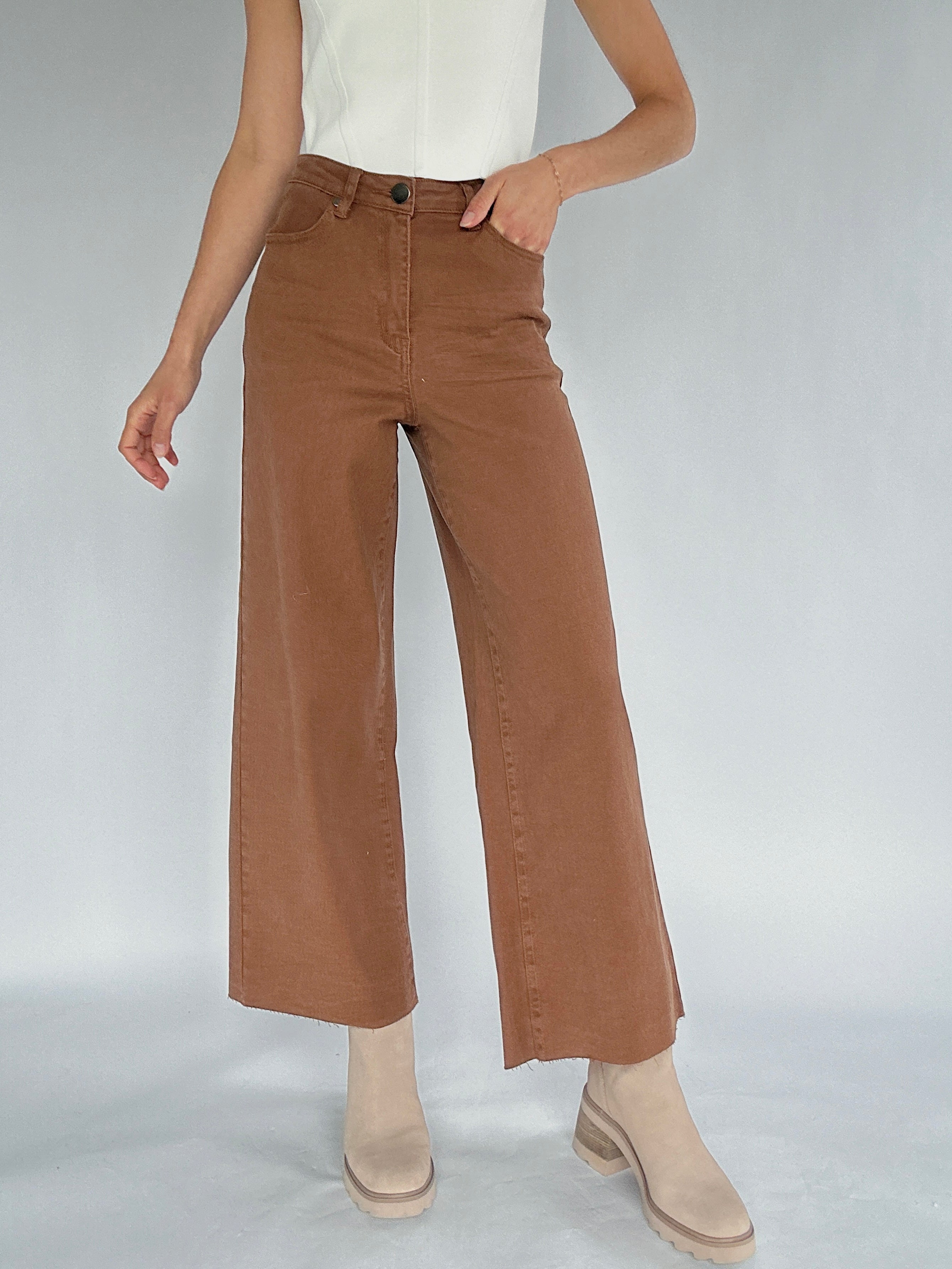 Person wearing brown wide-leg pants on a plain background