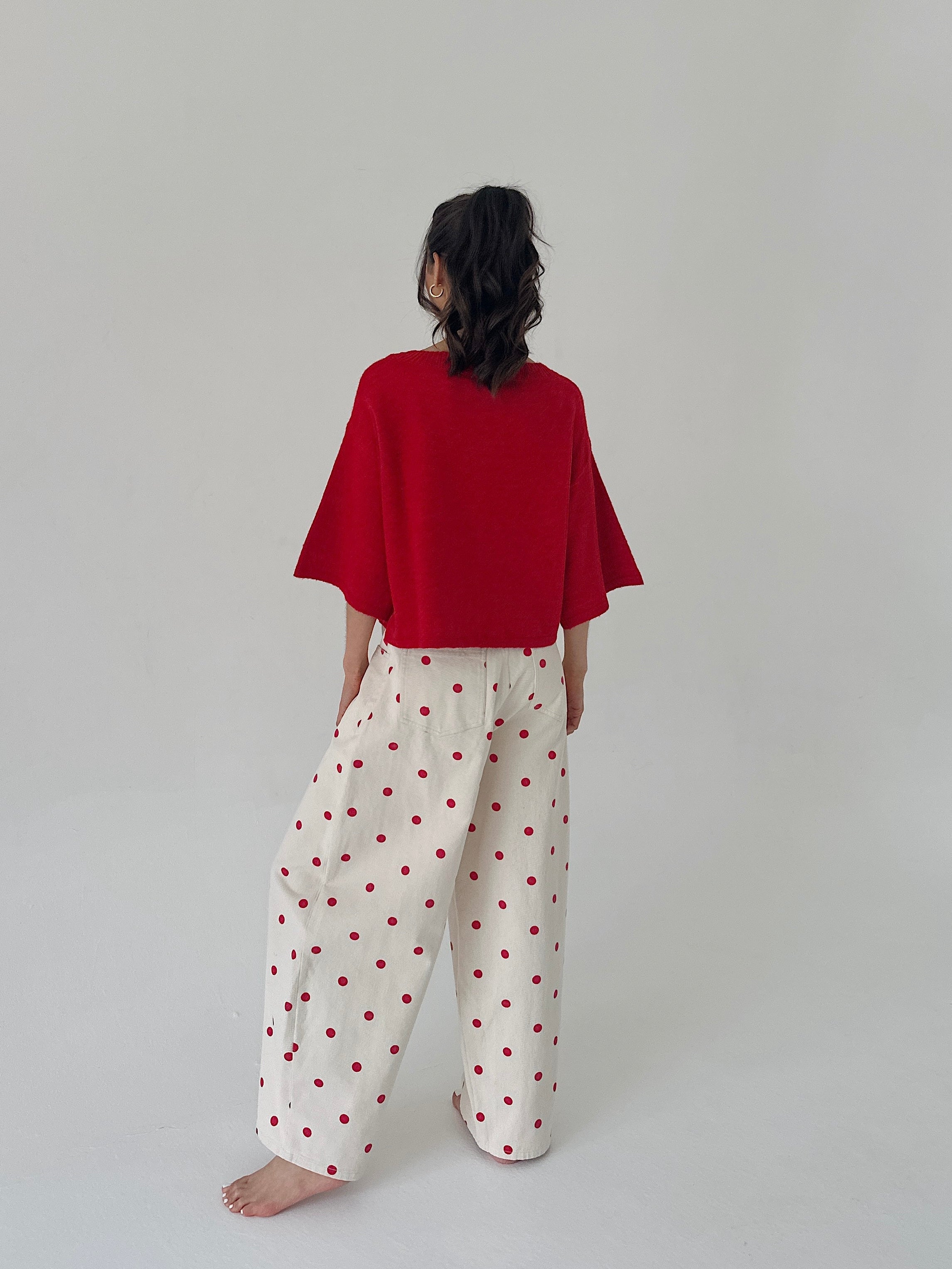 Person wearing a red top and white pants with red polka dots on a plain background from back