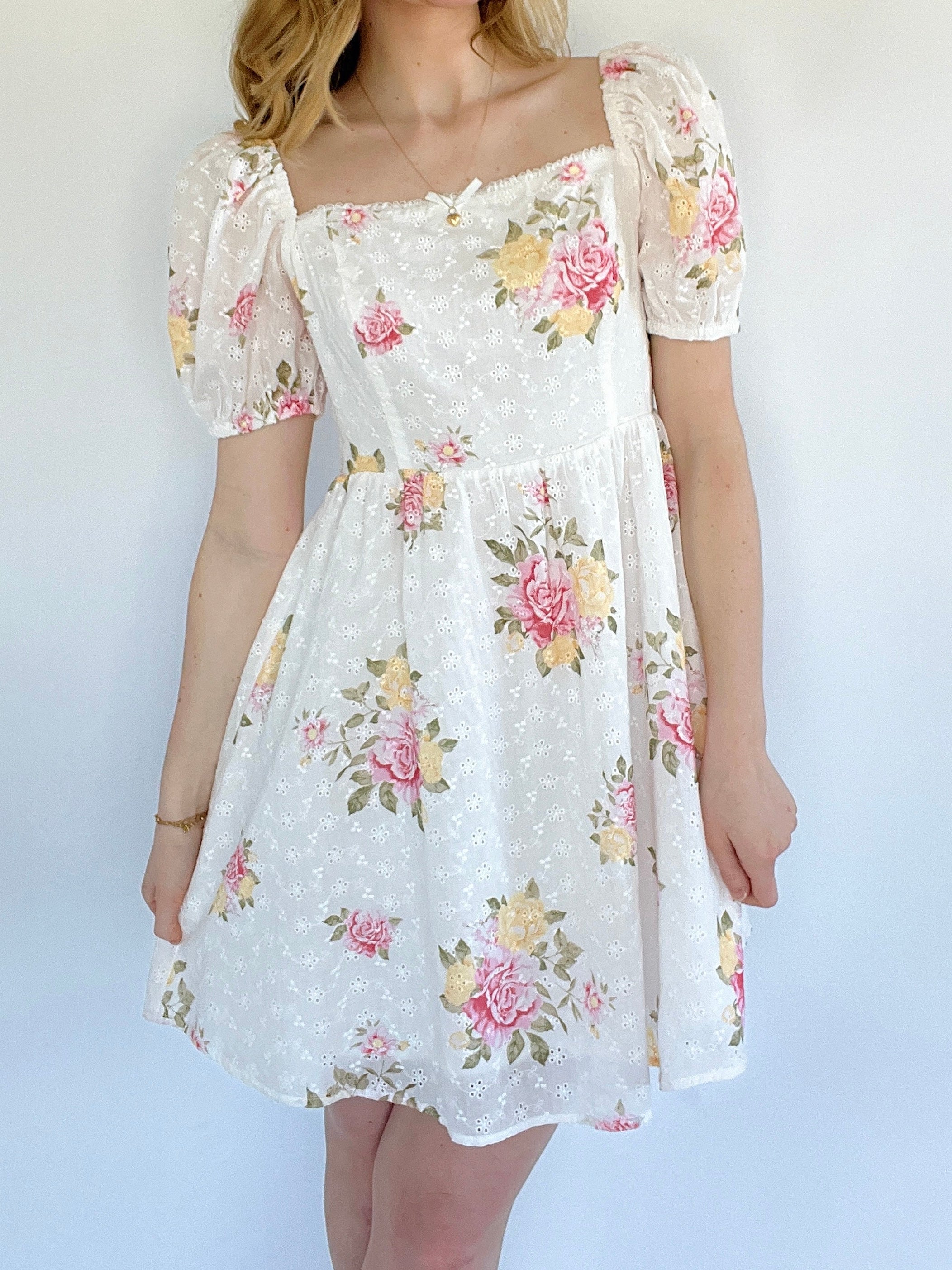 Porter Floral Eyelet Mini Dress Close Up