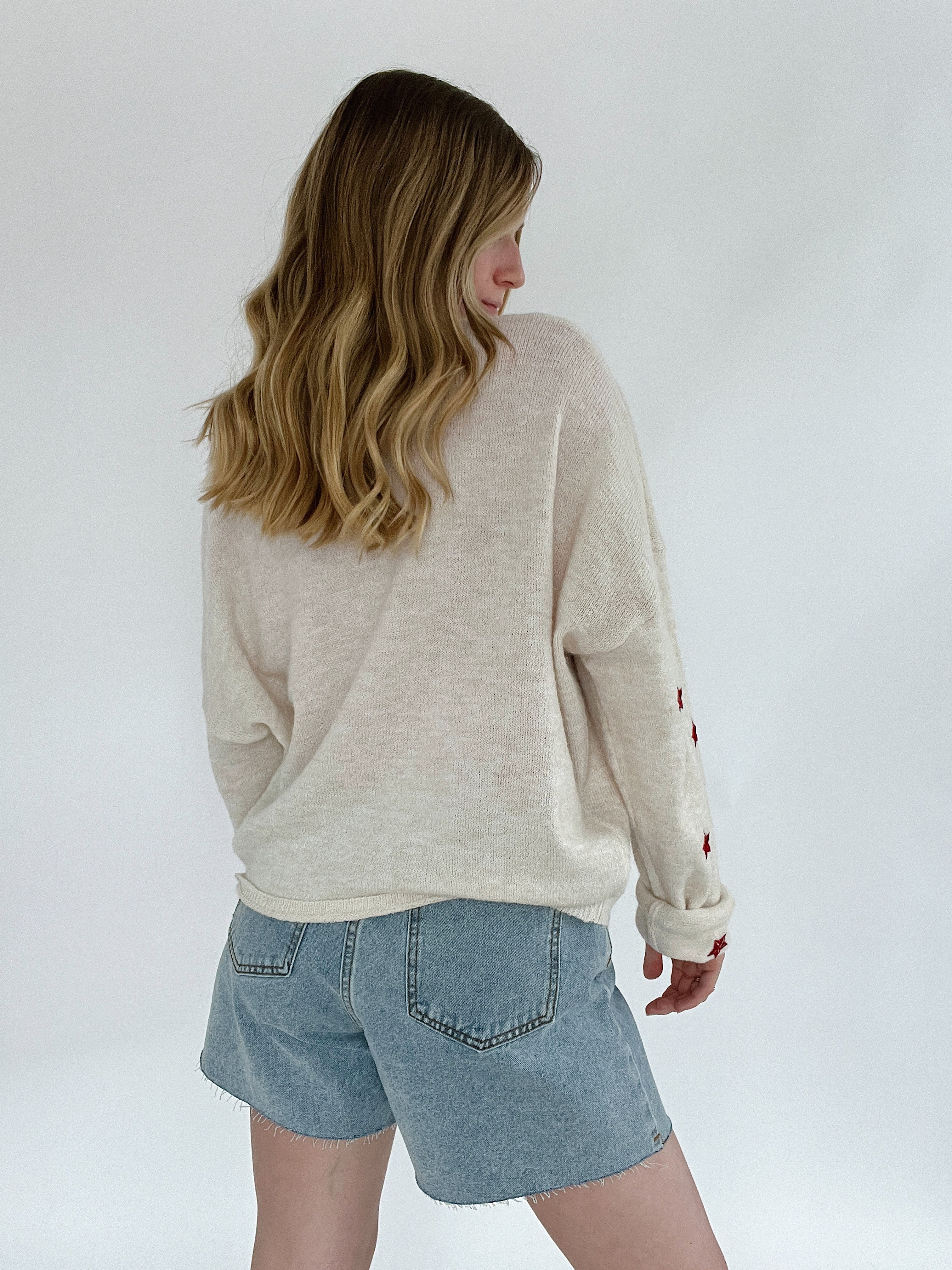Presley Star Embroidered Cardigan Back with denim shorts