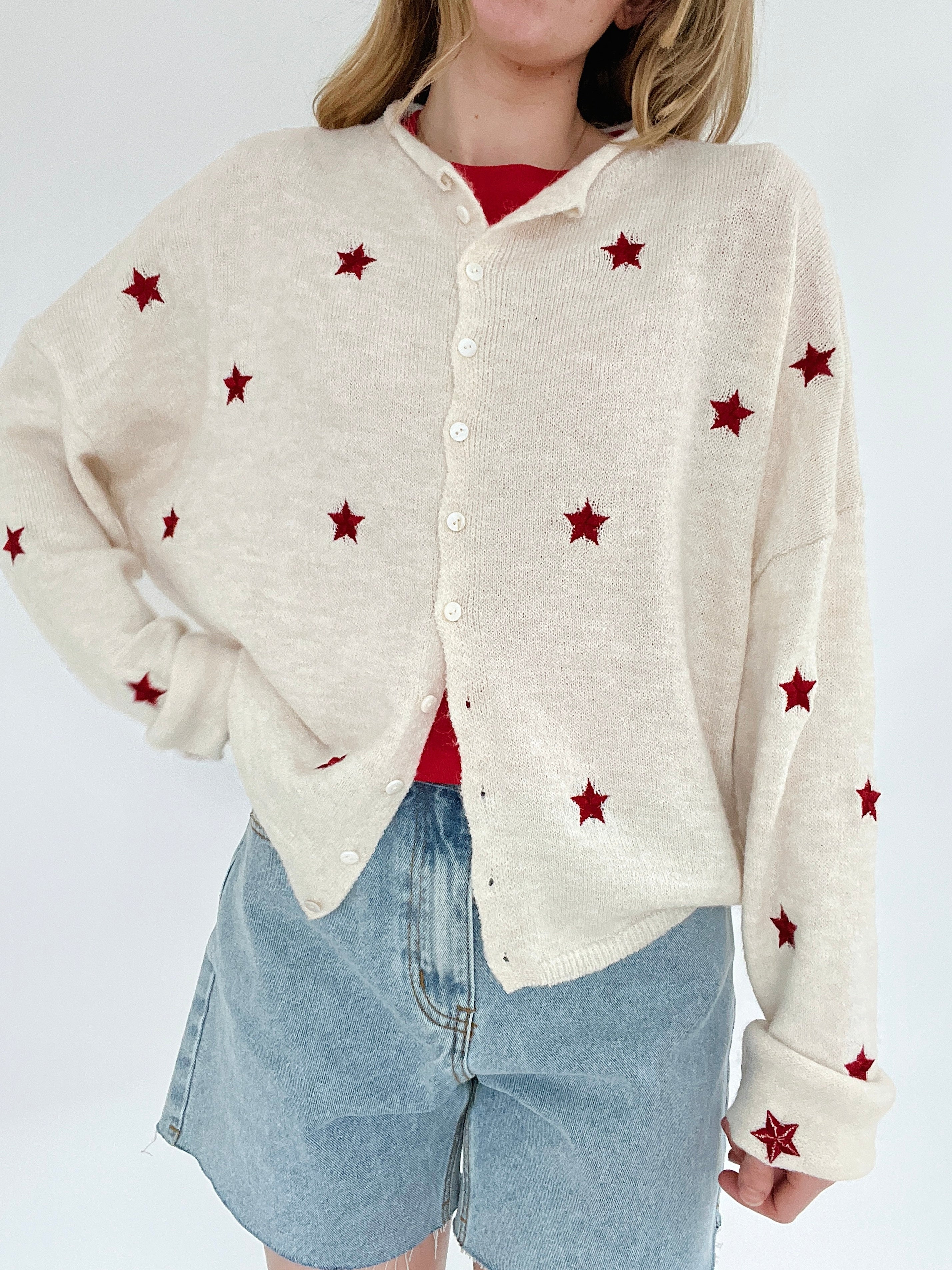 Presley Star Embroidered Cardigan Front over red tee with denim shorts
