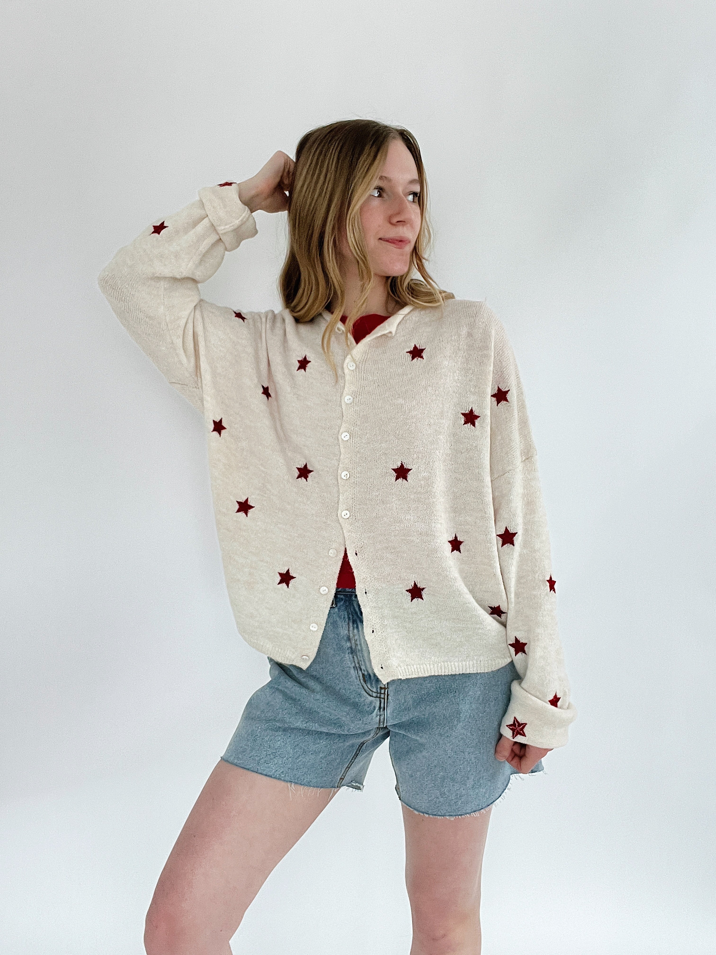 Presley Star Embroidered Cardigan With Denim Shorts