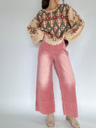 Person wearing a patterned knit sweater and pink corduroy wide leg pants on a white background