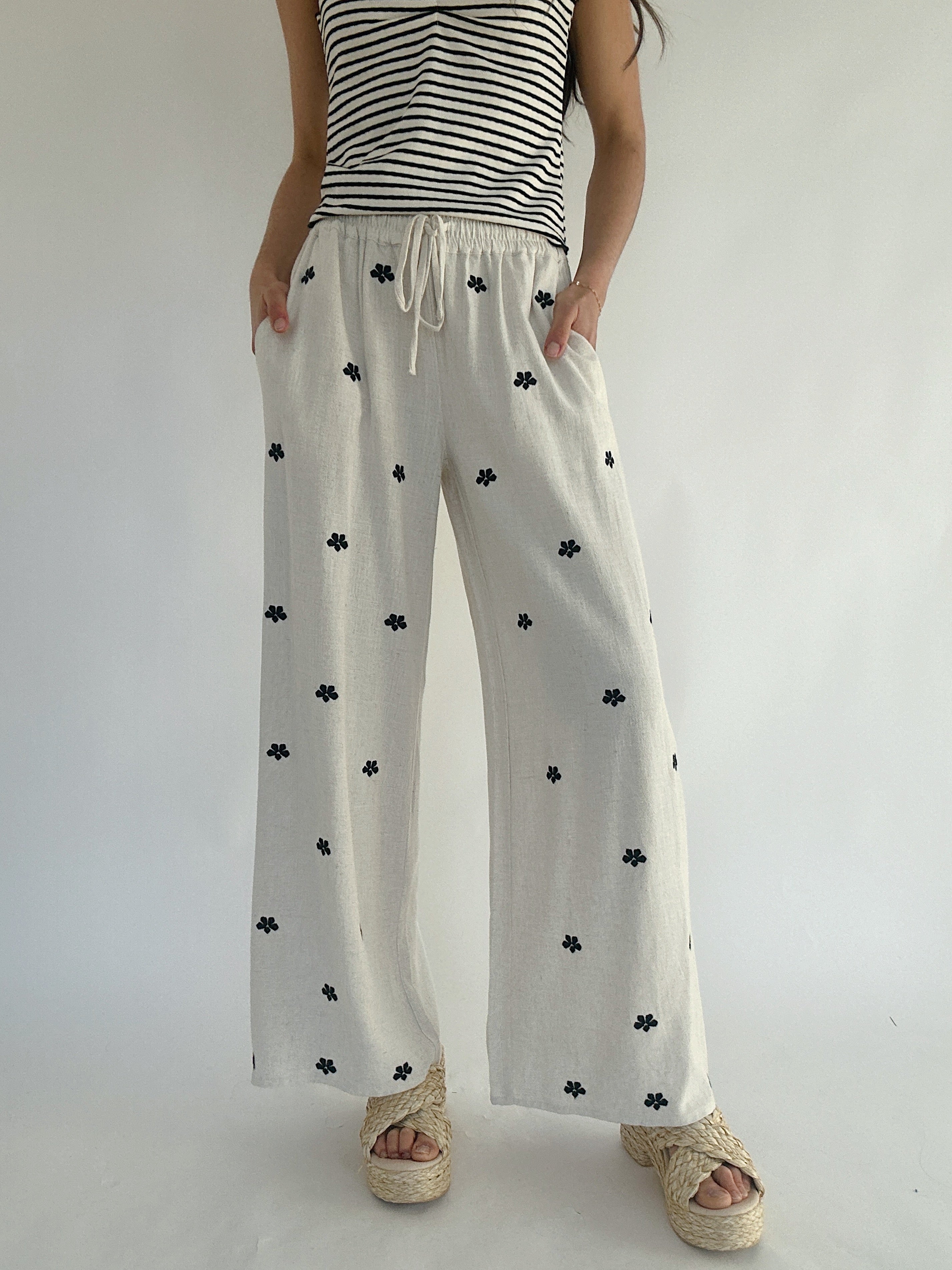 Sara Embroidered Linen Pants Front