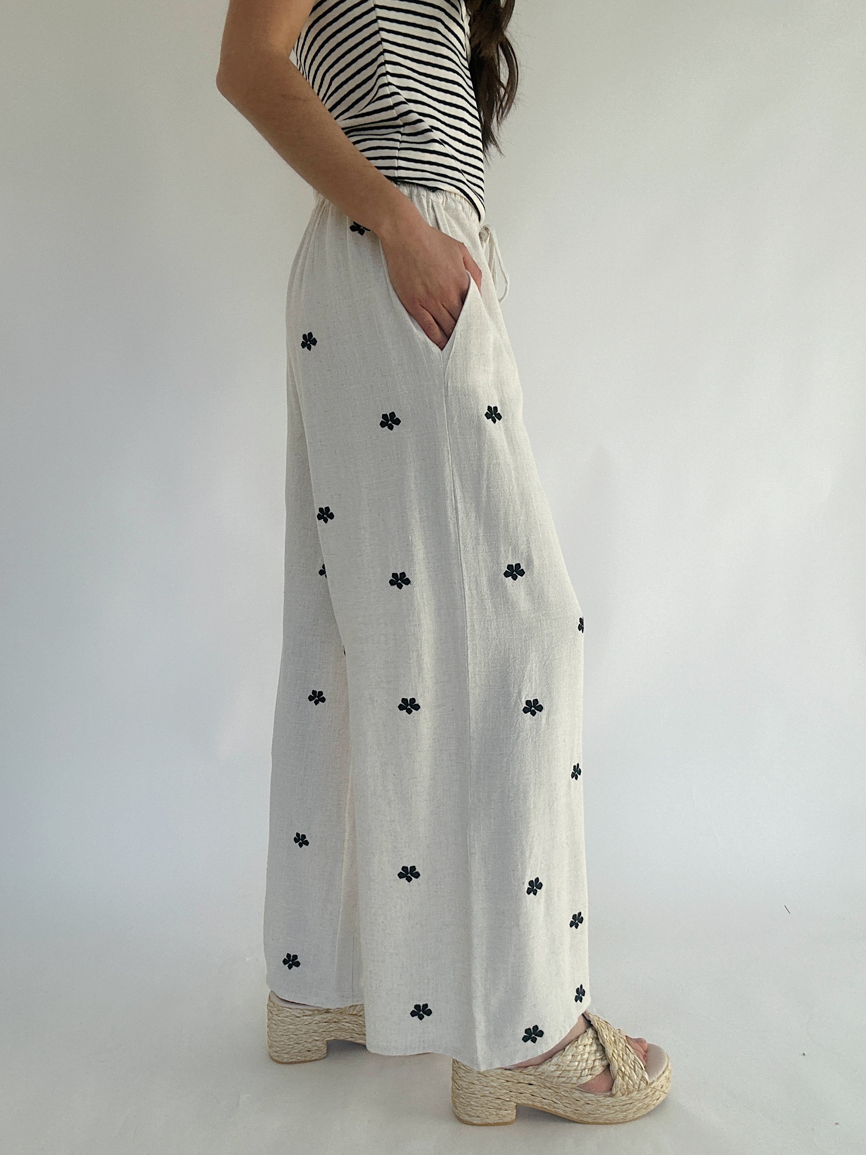 Sara Embroidered Linen Pants Side