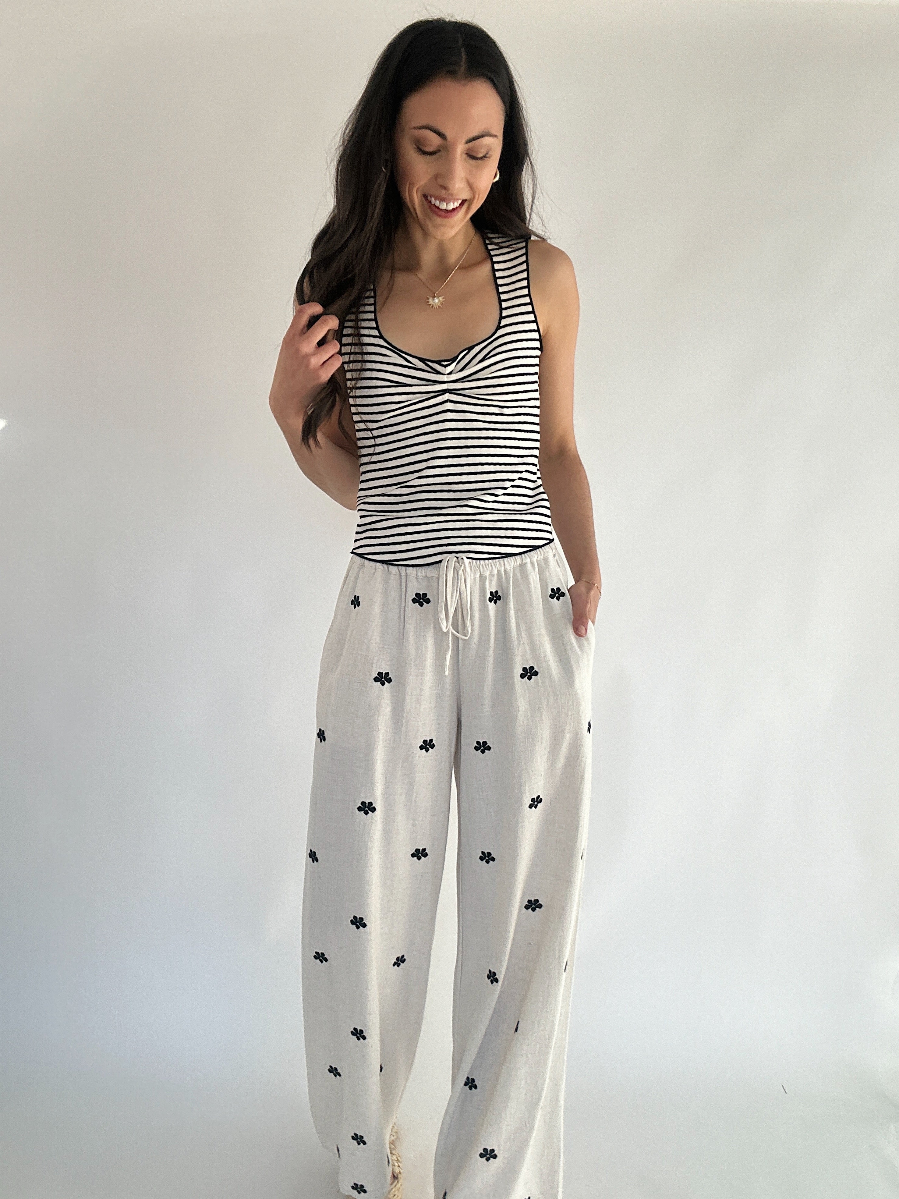 Sara Embroidered Linen Pants With Striped Tank