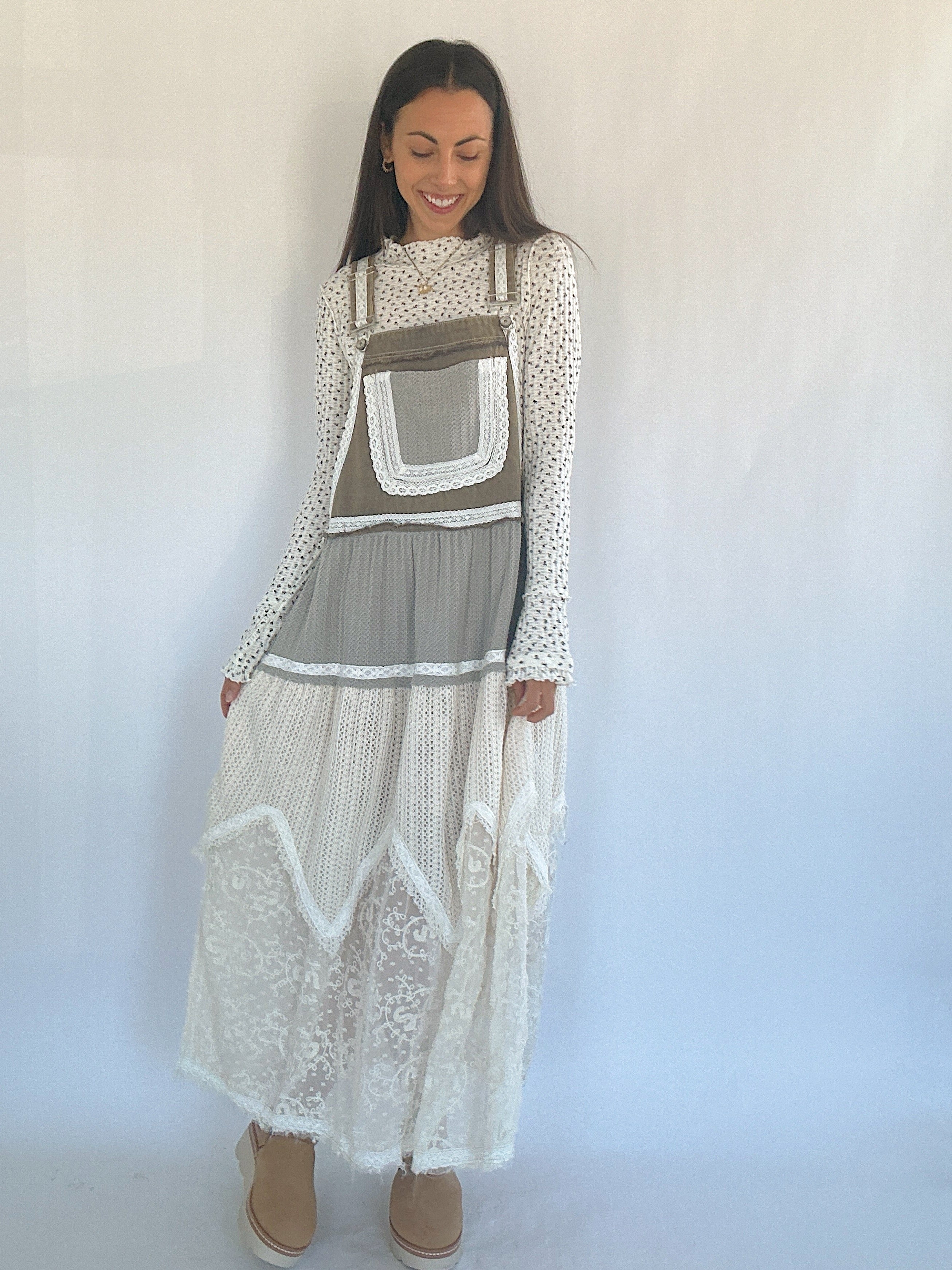 Talk It Up Overall Dress Olive Grey