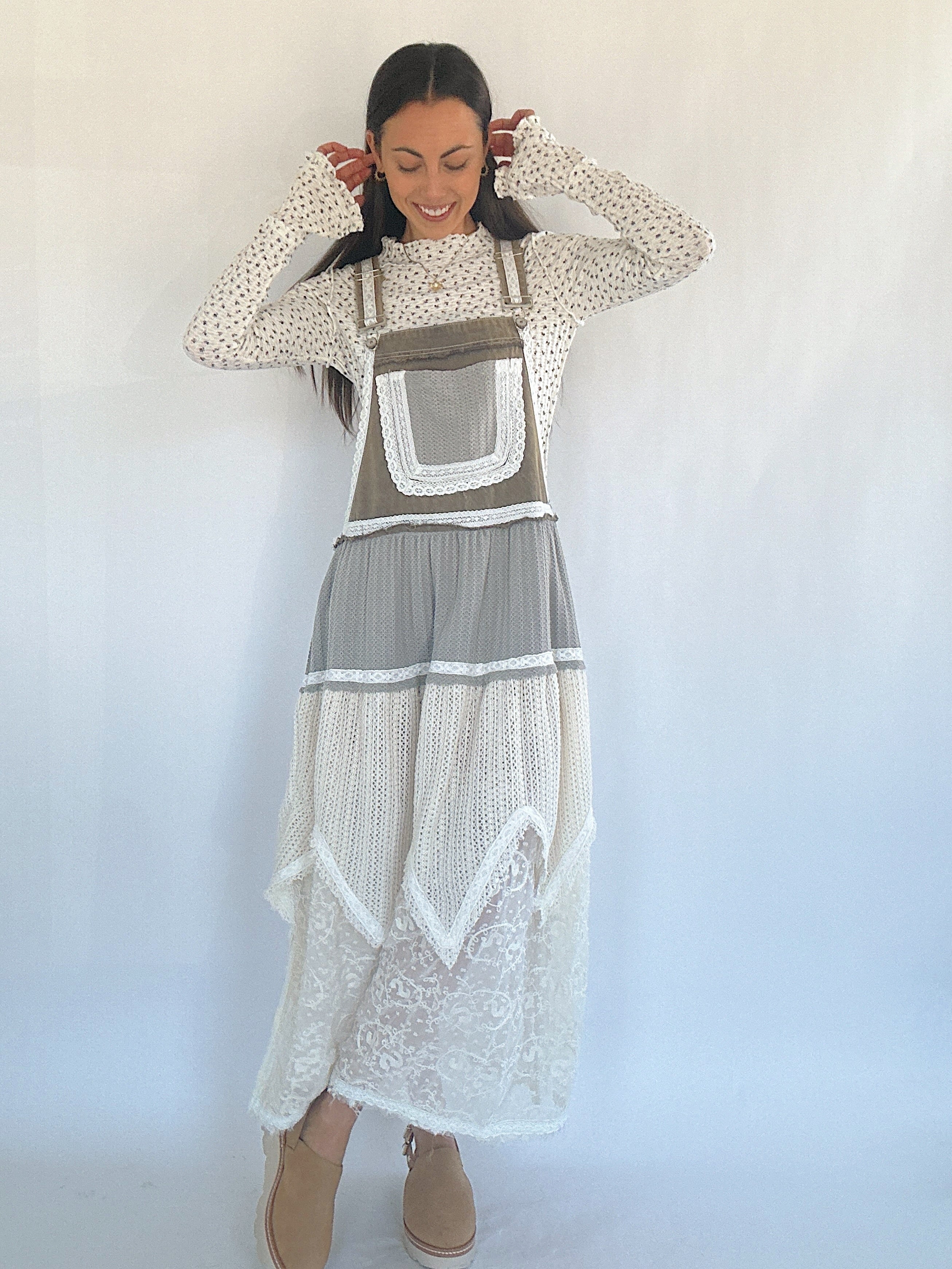 Talk It Up Overall Dress Olive Grey Front