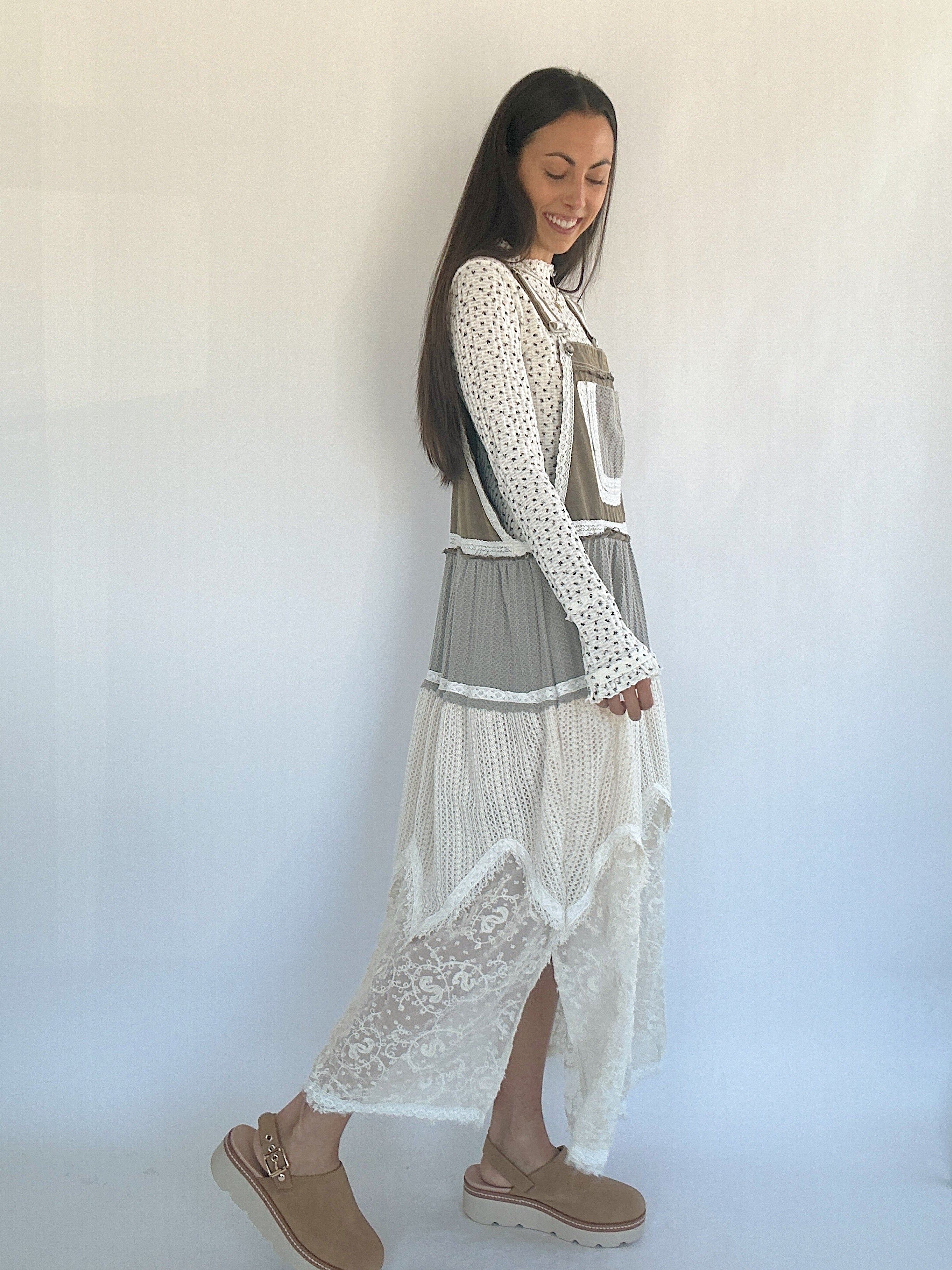 Talk It Up Overall Dress Olive Grey Side