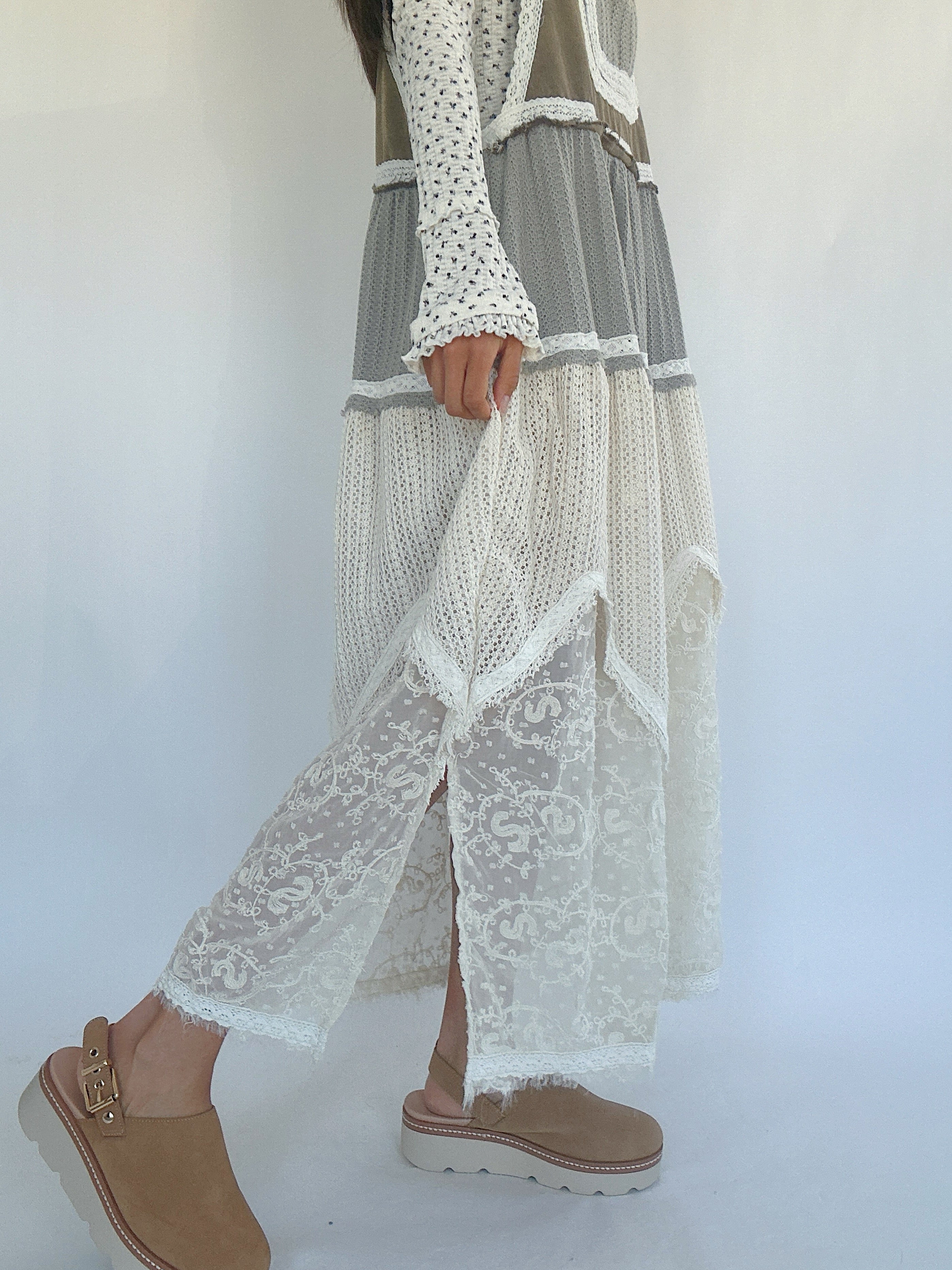 Talk It Up Overall Dress Olive Grey Skirt Side