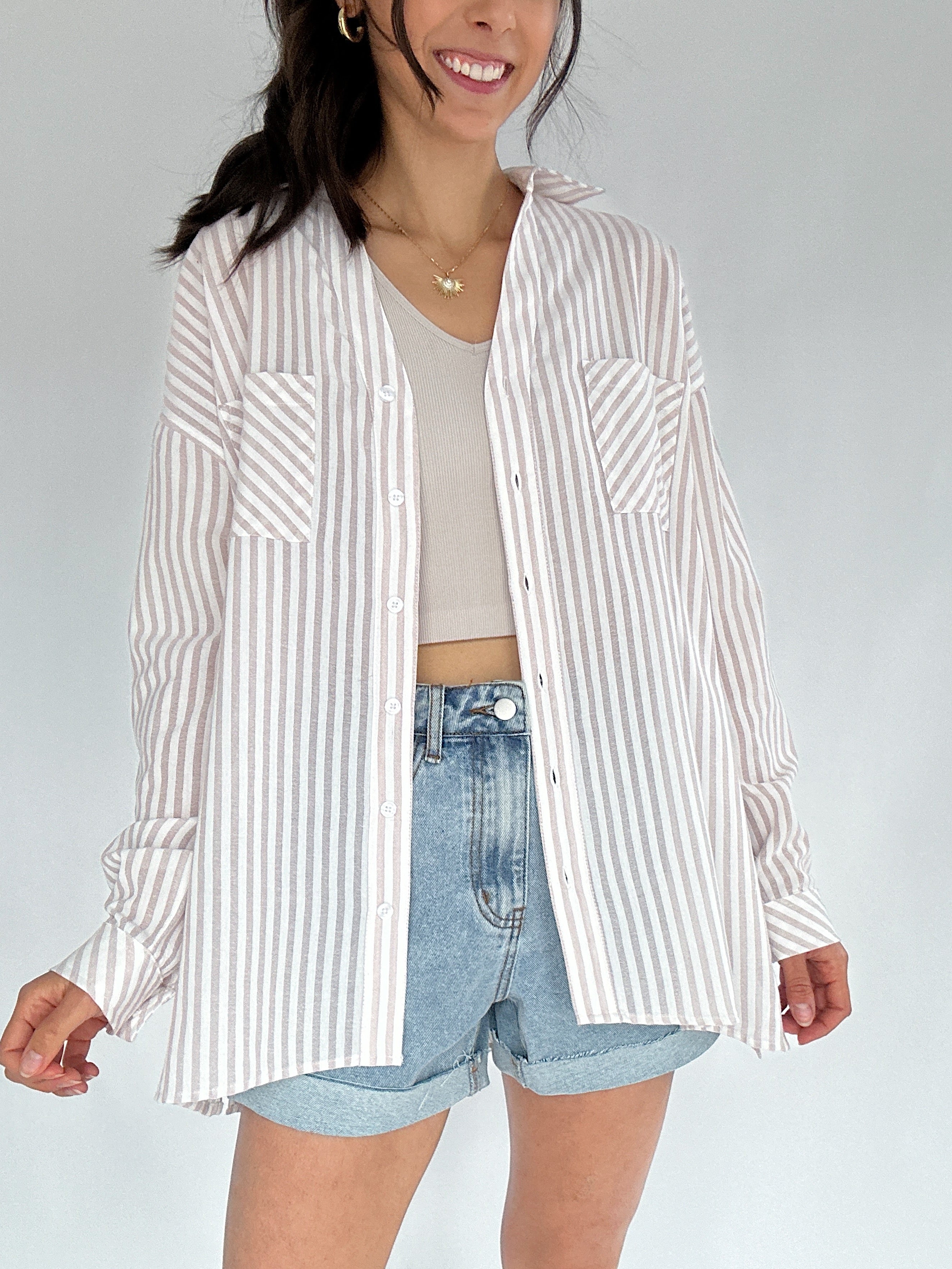 Time Zone Striped Button Down Top Open