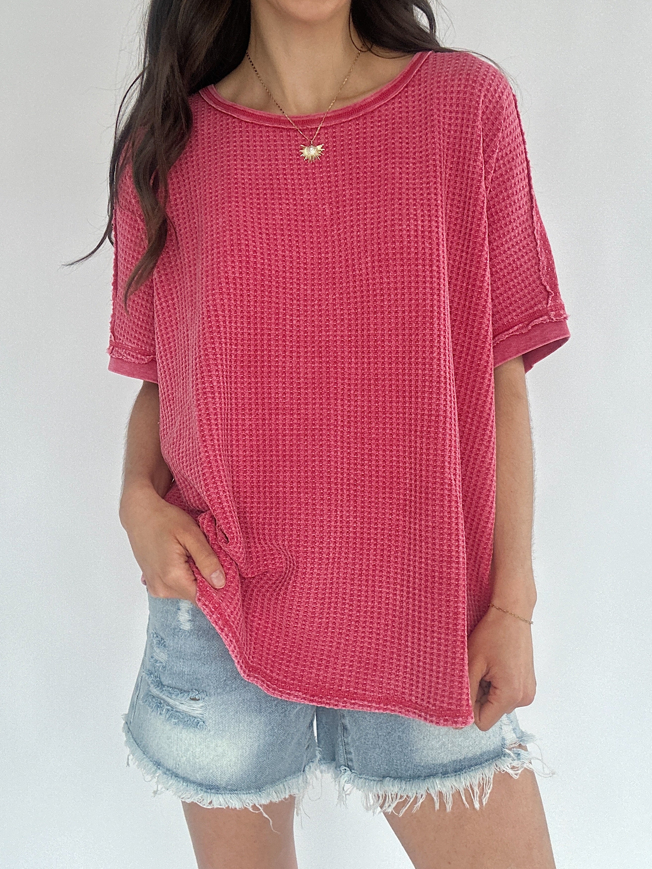Torie Thermal Knit Top Red Front
