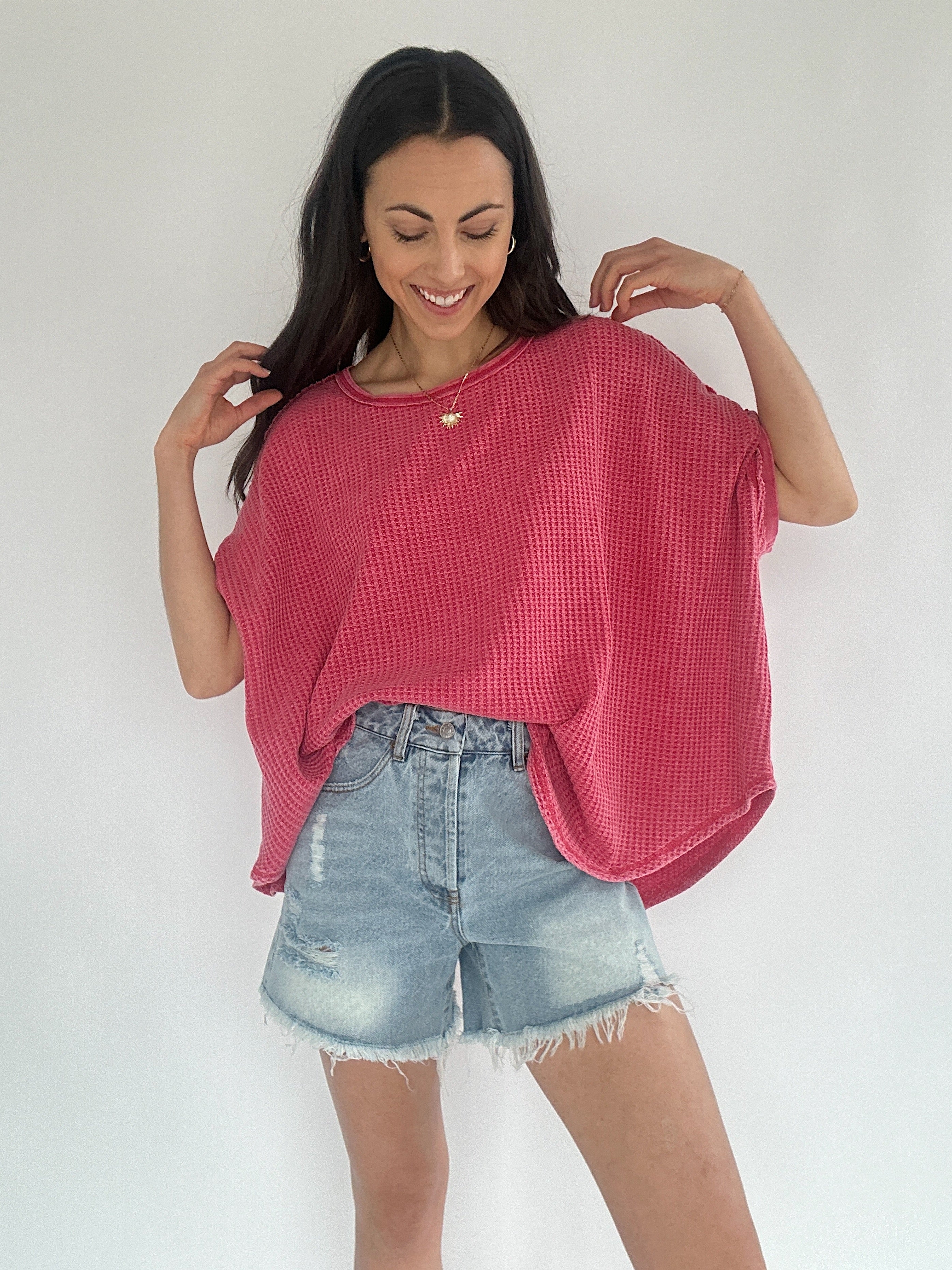 Torie Thermal Knit Top Red Tucked