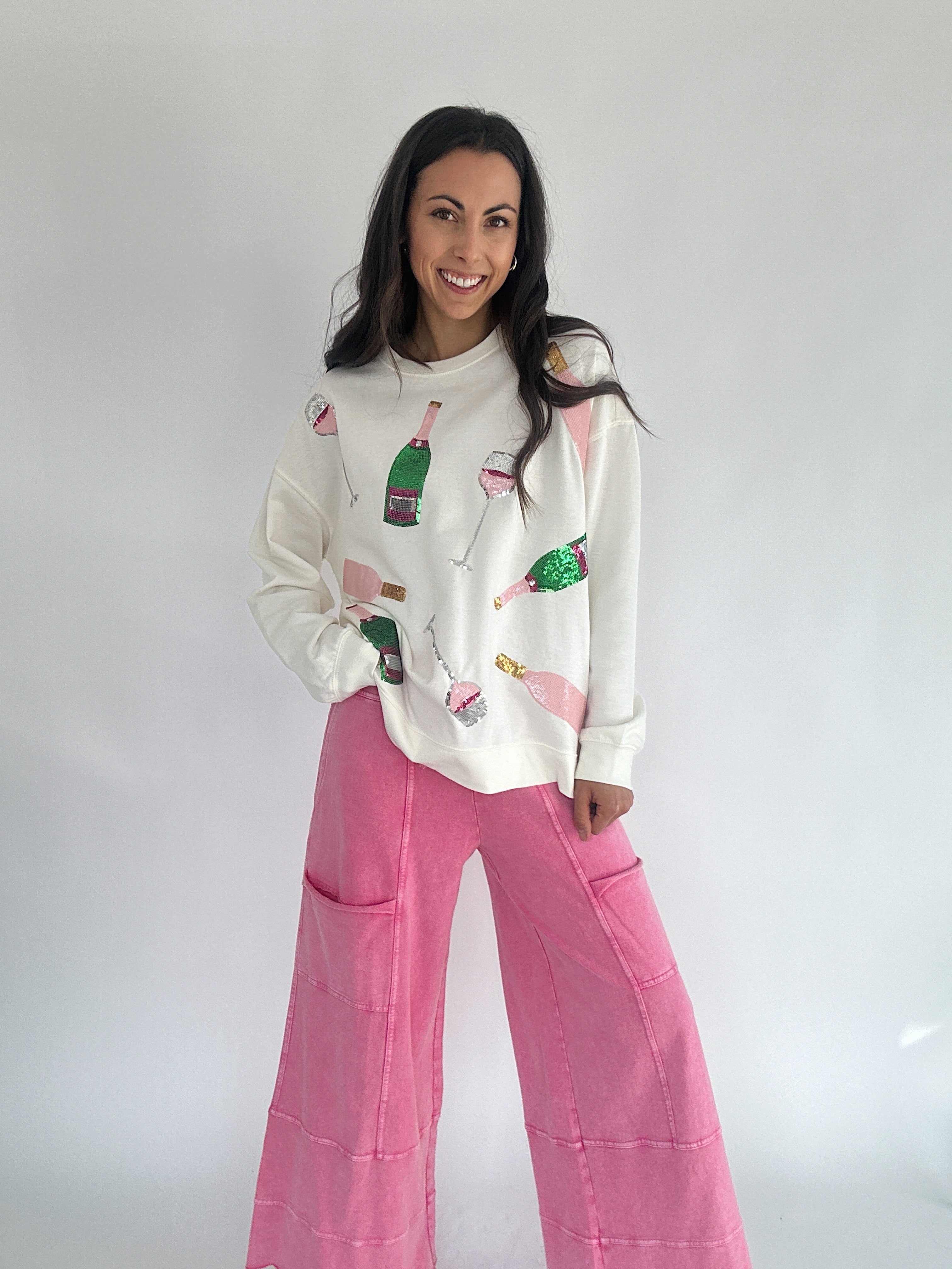 Traveller Wide Leg Pants Pink With Sequin Champagne Top