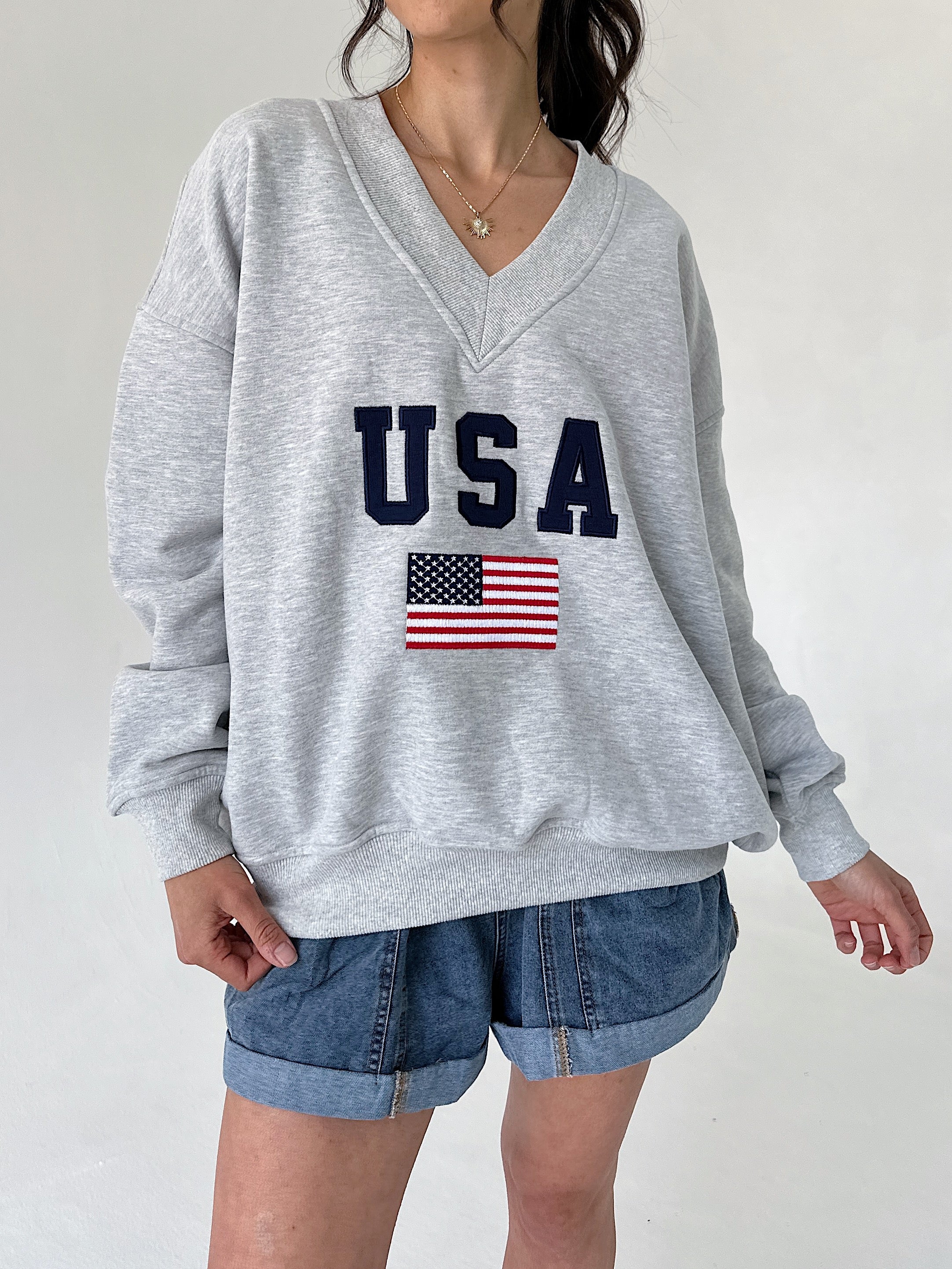 Person wearing a gray sweatshirt with 'USA' and an American flag design on a plain background