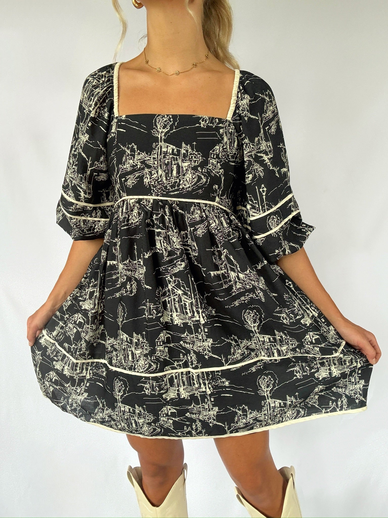 Waverly Toile Mini Dress Up Close