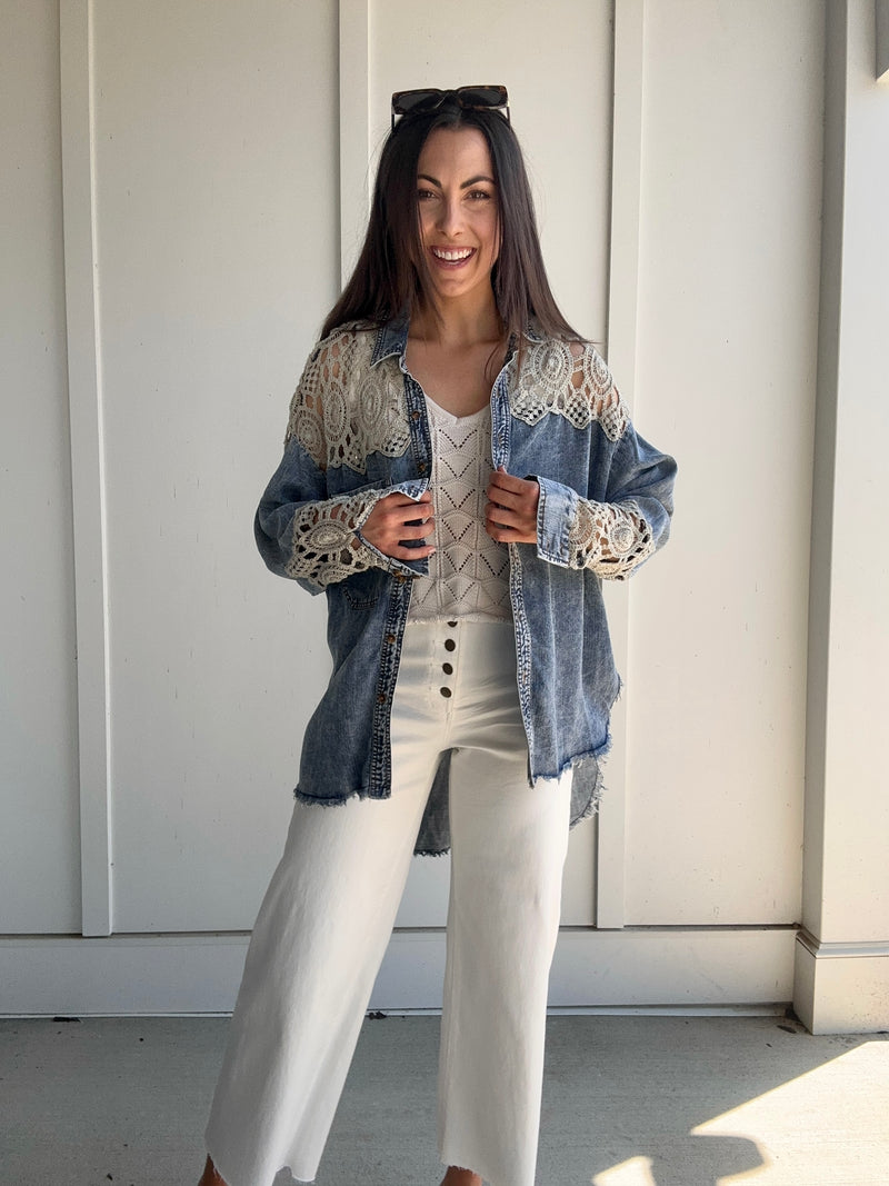 Atlas Denim Lace Top