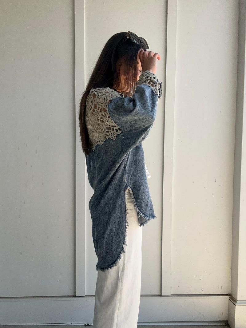 Atlas Denim Lace Top