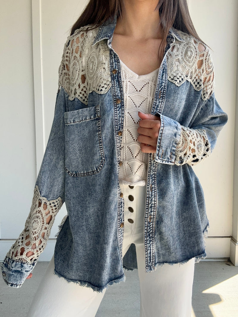 Atlas Denim Lace Top