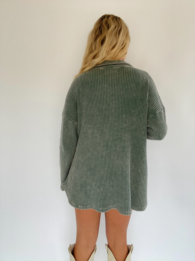 Time Flies Waffle Knit Shacket - Olive